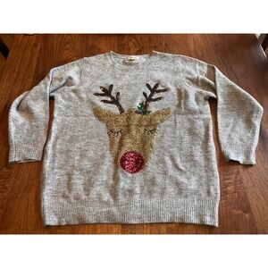 Tres Chic Womens XL Gray Reindeer Sequin Christmas Holiday‎ Sweater JK711